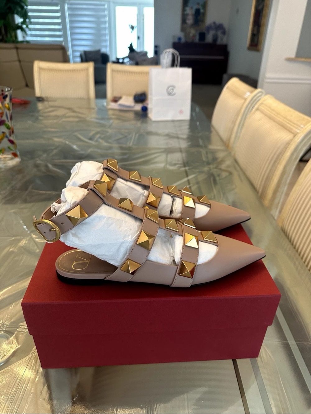 Valentino Nude Pointed Rockstud Flat Sandals